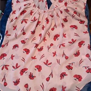 LC Lauren Conrad Pink Floral Sleeveless Blouse with Red Flowers